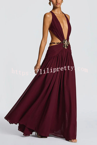 Kinara Leopard Print Deep V-neck Metal Flower Hollow Beads Detail Slit Maxi Dress