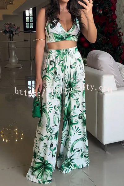 Floral Print V-neck Camisole Top and Elastic Waist Wide-leg Pants Set