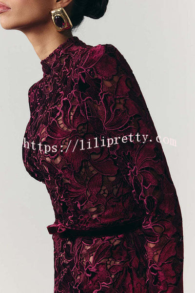 Diane Velvet Embroidered Floral Lace Long Sleeve Belt Scallop Edge Midi Dress