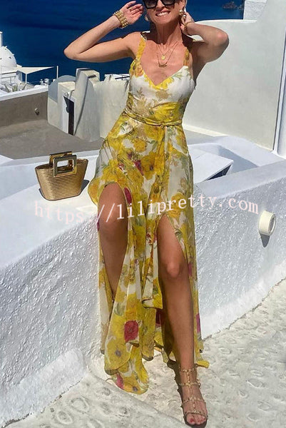 Sunshine Yellow Floral Print Belted Vacation Maxi Dress
