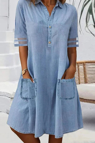 Solid Color Lapel Short Sleeve Loose Pocket Denim Mini Dress