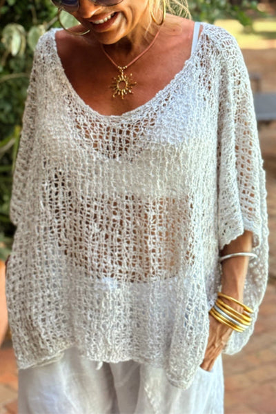 Solid Color Loose-fitting Openwork Casual Knitted Cover-up Top