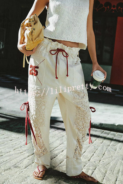 Rockaway Crochet Panels Bow Detail Elastic Waist Pocket Pull-On Craft Pants