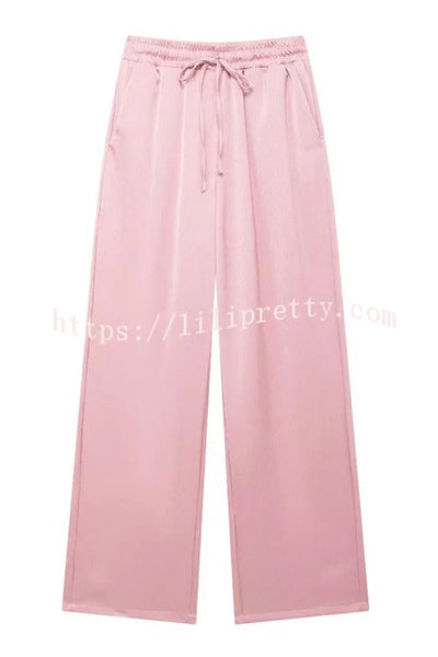 Fashionable Pleated Elastic Waist Tie Casual Pocket Wide-leg Pants