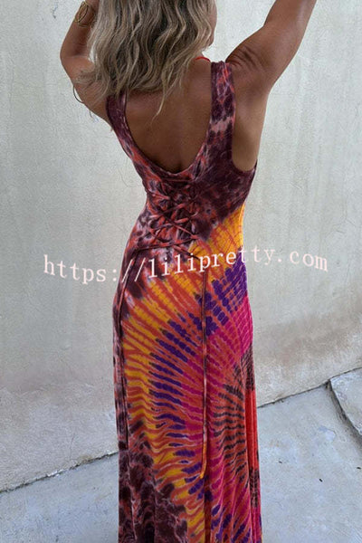 Boho Happiness Tie-dye Print Back Lace-up Stretch Maxi Dress