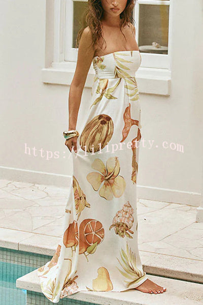 Island Time Linen Blend Unique Print Strapless Back Tie-up A-line Maxi Dress