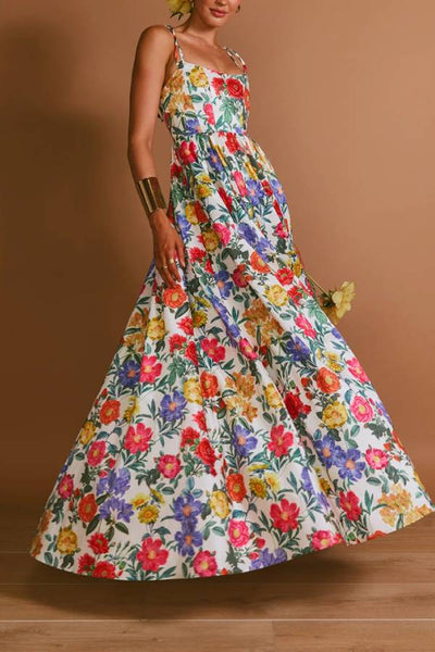 Spaghetti Strap Tie-Back Floral Print Waist-Cinched Maxi Dress