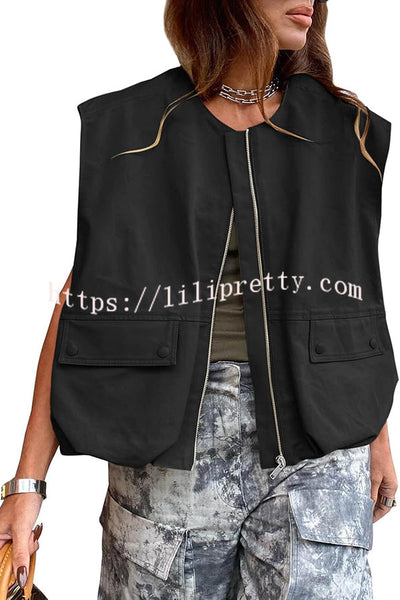 Fashion Zipper Sleeveless Pocket Loose Vest Jacket