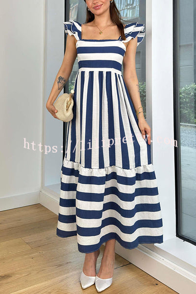 Striped Printed Square Neck Backless Gathered Midi Dress
