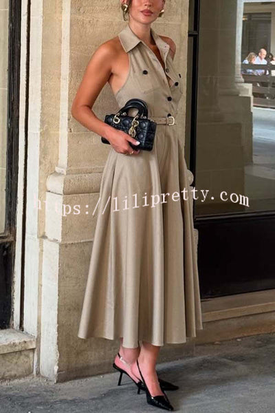 Charmed To Meet You Button Up Belted Pocket Halter Shirt Flare Midi Dress