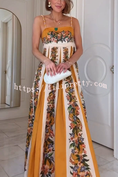 Bloom Bright Linen Blend Floral Print Beaded Shoulder Straps Pocket Maxi Dress