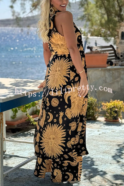 Exotic Satin Unique Print Center Front Slit Midi Top and Elastic Waist Wide Leg Pants Set