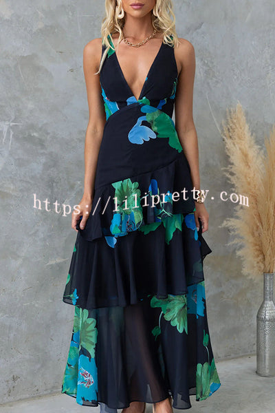 Refreshing Floral Print Back Lace-up Multi-teir Ruffle Hem Maxi Dress