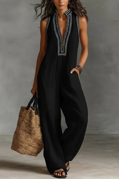 Linen Blend Sleeveless V-neck Casual Pocket Loose Jumpsuit