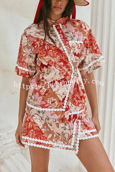 Floral Print Collared Short-sleeved Loose-fitting Shirt and Casual Floral Trim Mini Skirt Set