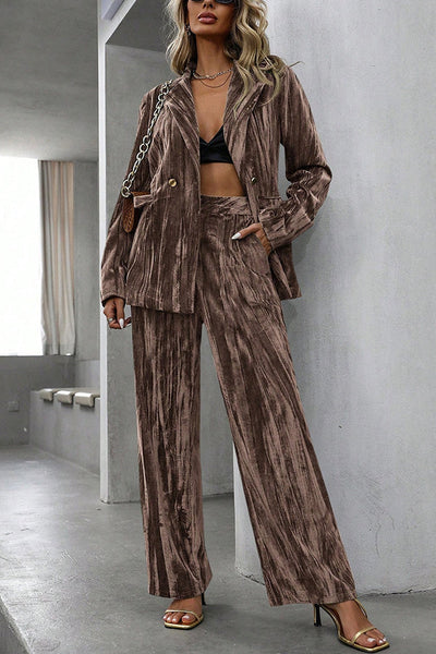 Solid Color Velvet Loose Long-sleeved Top and Elastic Waist Pocket Casual Straight-leg Pants Set