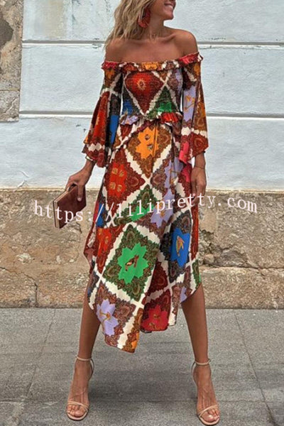 Kiara Colorful Paisley Print Smocked Off Shoulder Bell Sleeve Midi Dress