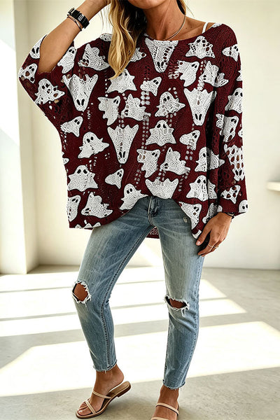 Halloween Pumpkin & Bat Hollow Out Knit Oversized Sweater