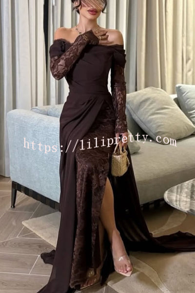 Elegant Patchwork Lace Off-shoulder Long-sleeved Slim-fit Maxi Dress