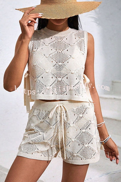 Solid Color Sleeveless Tie Knitted Vest and Loose Elastic Waist Drawstring Shorts Set