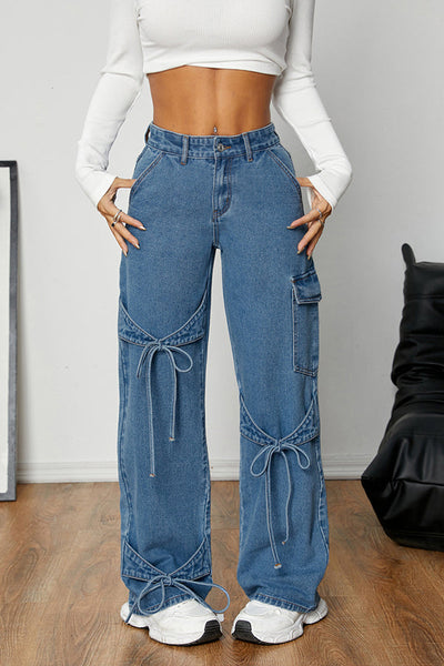 Fashion Bow Tie Workwear Loose Pocket Straight Jeans