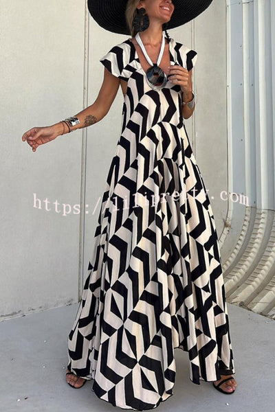 Lilipretty® Fresh Breeze Ethnic Unique Print Ruffle Sleeve A-line Maxi Dress