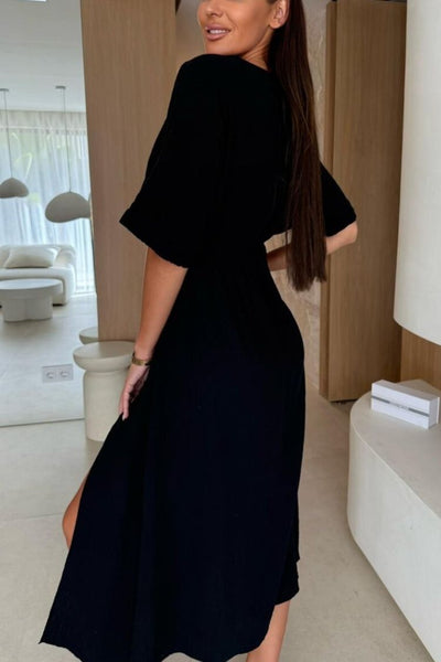 Linen Blend Solid Color V-neck Short Sleeve Waist Loose Slit Midi Dress