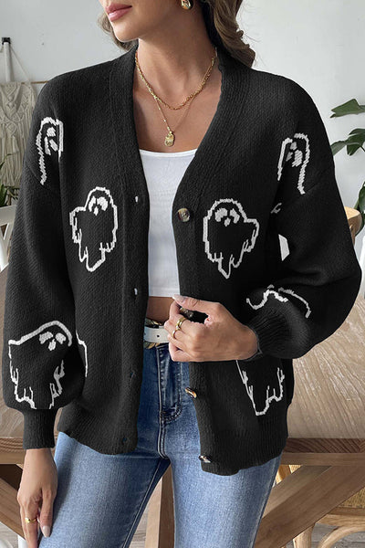 Halloween Ghost Pattern Casual Button-Down Knit Sweater
