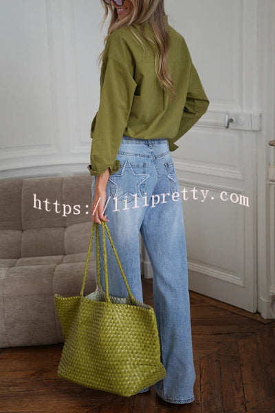 Stylish Denim Colorblock Star Patterned Mid Waist Pocket Wide Leg Jeans