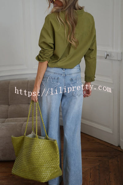 Stylish Denim Colorblock Star Patterned Mid Waist Pocket Wide Leg Jeans