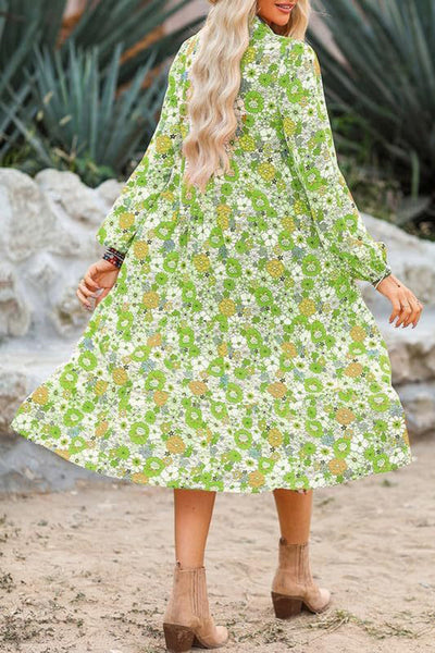 Bohemian Floral Print Loose Casual Long Sleeve Midi Dress
