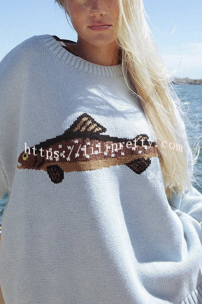 Fashionable Fish Pattern Round Neck Loose Knitted Sweater