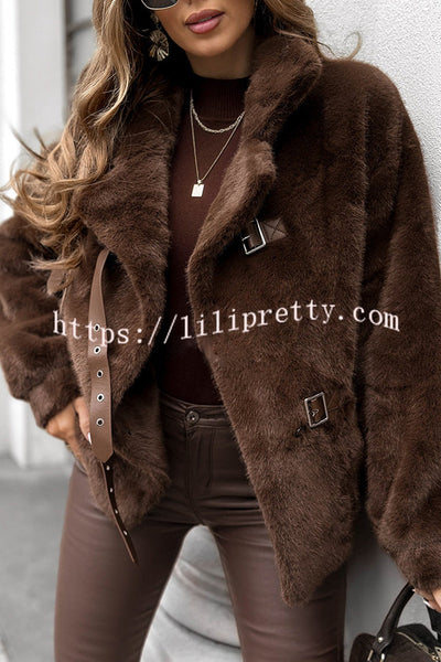 Chill Whispers Belt Buckle Design Long Sleeve Pocket Lapel Plush Coat