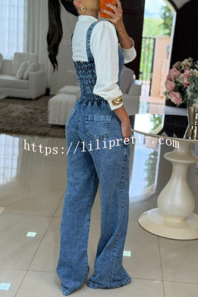 Heidi Denim Square Neck Button Back Smocked Pocket Flare Stretch Jumpsuit