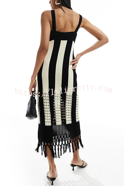 Elegant Piano Color Block Square Neck Wide Shoulder Straps Knit Fringed Midi Dress