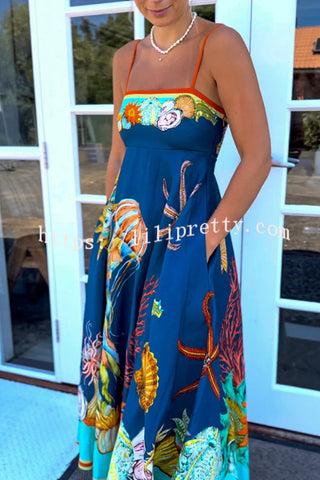 Linen Blend Unique Print Suspenders Back Pleated Pocket Resort Style Maxi Dress