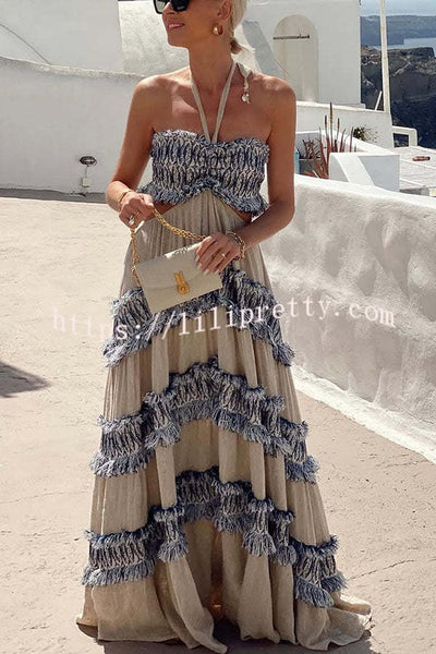 Ultimate Island Linen Blend Fringed Patchwork Cutout Halter Maxi Dress