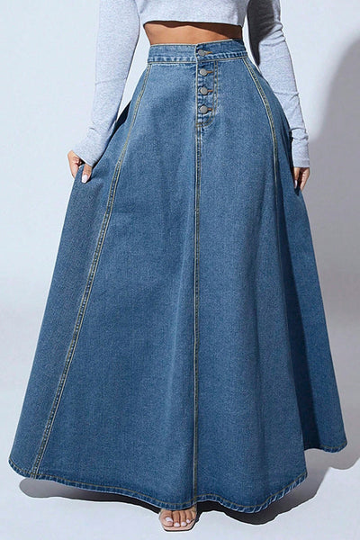 Fashion Metal Single-Breasted Casual Denim Maxi Skirt