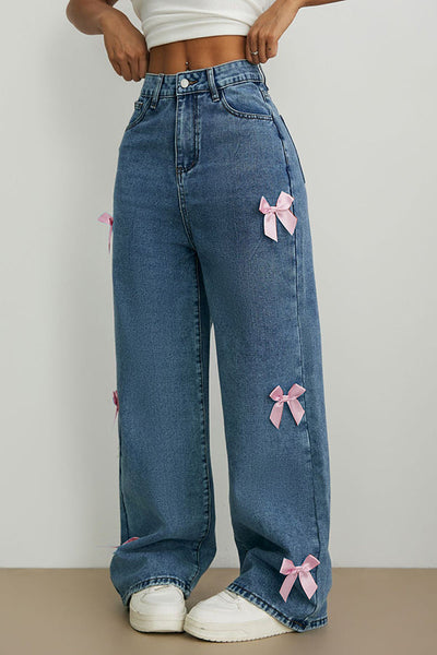 Fashion Bow Embellished High-Rise Casual Pocket Straight Jeans
