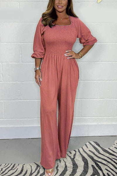 Casual and Comfortable Smocked Solid Color Wide Leg Jumpsuit