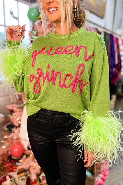 Green Grinch Christmas Feather Sleeve Loose Fit Sweatshirt