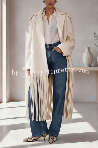 Street Style Wool Blend Long Sleeve Pocket Tassel Trim Lapel Midi Coat