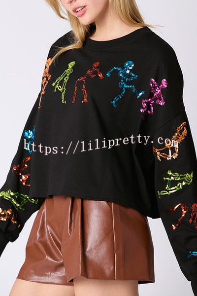 Halloween Skull Sequin Loose Crop Casual Sweatshirt