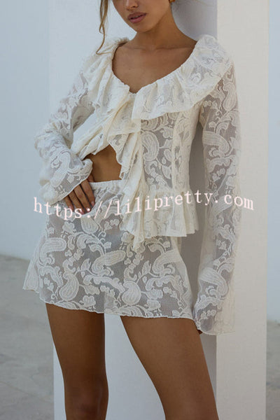 Feel Fabulous Ruffle Lace Long Sleeve Blouse and Mid Rise Elastic Waist Mini Skirt Set