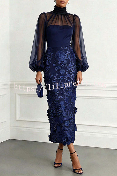 Tanie Tulle High Neck Long Lantern Sleeve 3D Floral Appliqués Hem Midi Dress