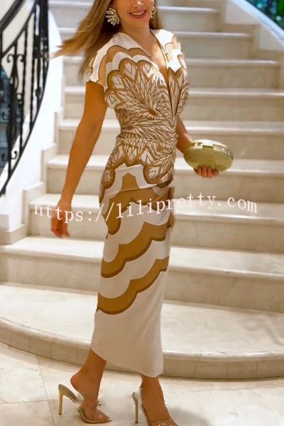 Feona Satin Unique Print V-neck Wide Sleeve Ruched Waist Slit Midi Dress