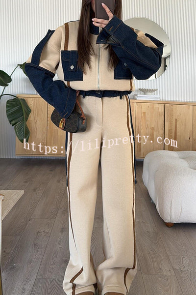 Chill Whispers Denim Patchwork Sweatshirt Fabric Striped Elastic Waist Pocket Loose Pants