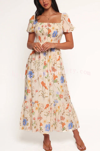 Dreamy Floral Print Square Neck Puff Sleeve Smocked Maxi Dress