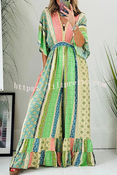 Lilipretty® Last Queen Retro Floral Flare Sleeve Pocketed Loose Wide Leg Jumpsuit