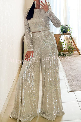 Fashionable Shiny Sequined Long-Sleeved Cropped Top and Casual Wide-Leg Pants Set